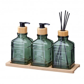 Σετ Δύο Dispenser & Αρωματικό Χώρου με Sticks Γυάλινο/Μπαμπού με δίσκο Green MRShome