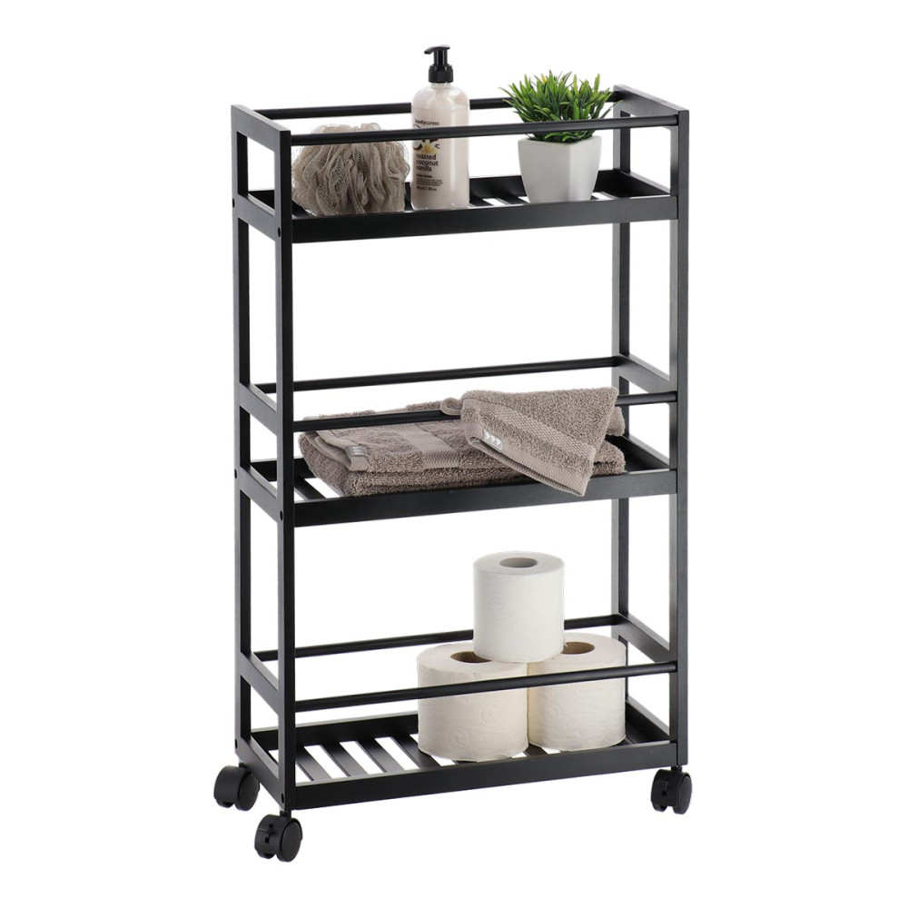 Ραφιέρα Μπάνιου από Μπαμπού Μαύρη με 3 Ράφια και Ροδάκια MRShome