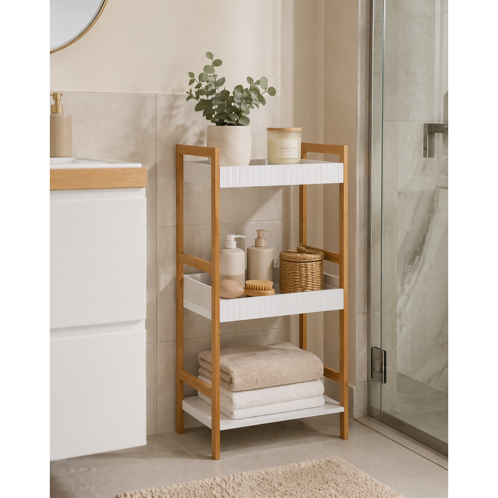 Ραφιέρα Μπάνιου με 3 Ράφια από Bamboo & MDF Natural/White MRShome