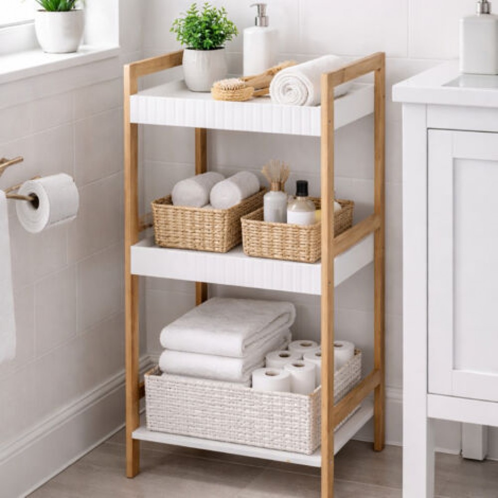 Ραφιέρα Μπάνιου με 3 Ράφια από Bamboo & MDF Natural/White MRShome