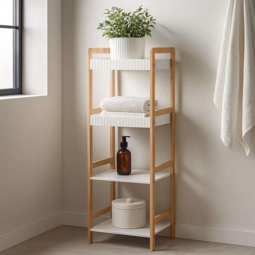 Ραφιέρα Μπάνιου με 4 Ράφια από Bamboo & MDF Natural/White 36x33x110cm MRShome