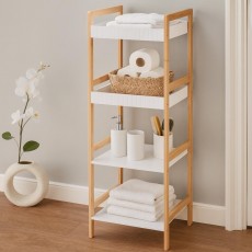 Ραφιέρα Μπάνιου με 4 Ράφια από Bamboo & MDF Natural/White 36x33x110cm MRShome