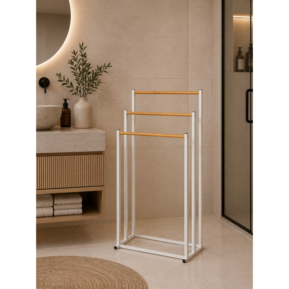 Επιδαπέδια Κρεμάστρα 3 Θέσεων Μεταλλική με Bamboo 45x23x85cm White/Natural MRShome