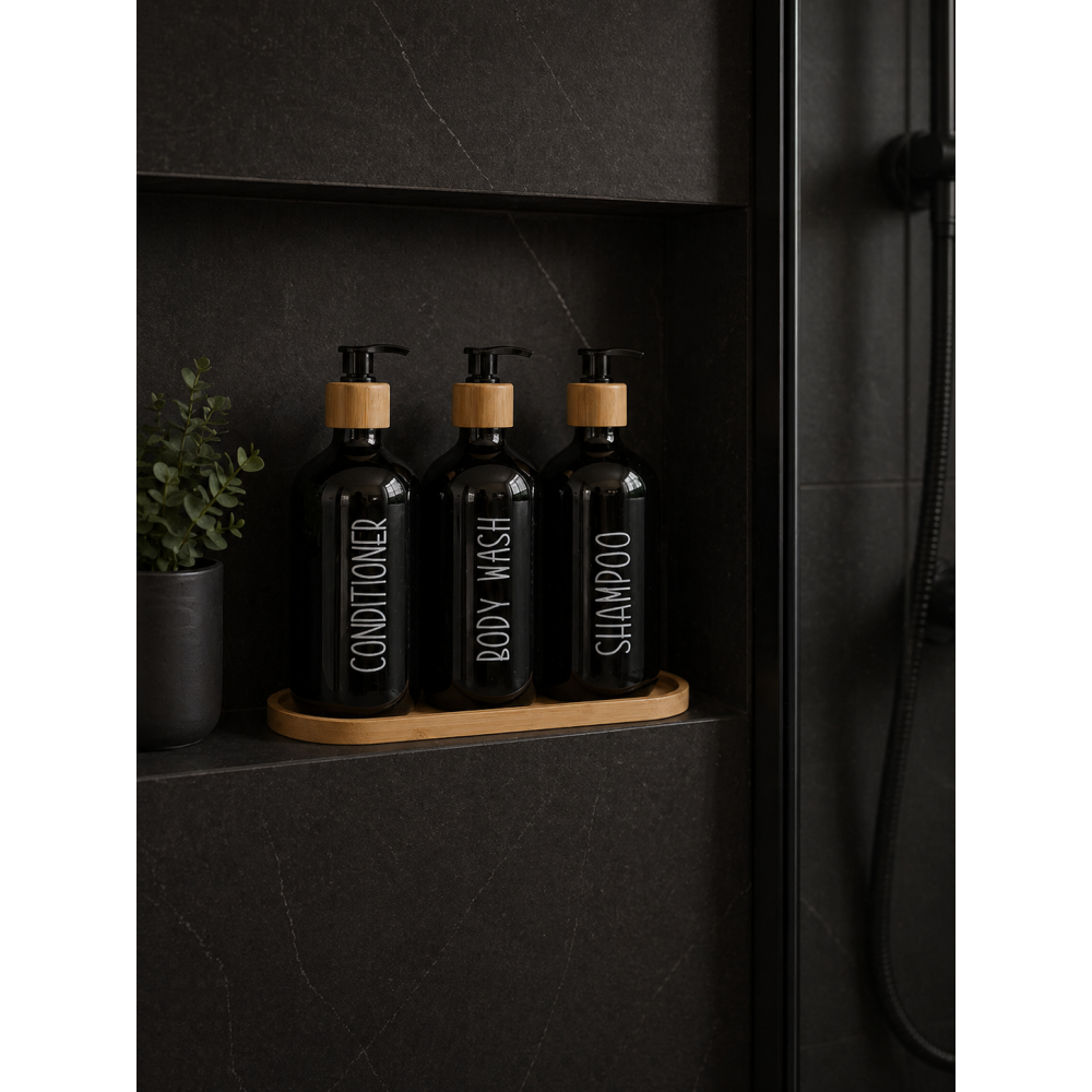 Σετ Μπάνιου με 3 Dispenser σε Δίσκο Μπαμπού Black MRShome