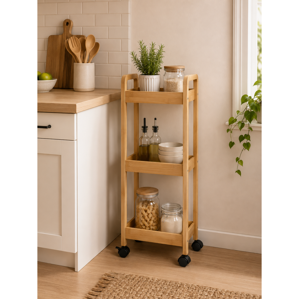 Ραφιέρα Bamboo/MDF με 3 Ράφια Φυσική με Ροδάκια 28.5x21x79cm MRShome