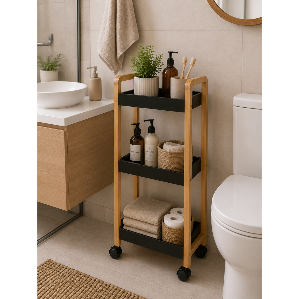 Ραφιέρα Bamboo/MDF με 3 Ράφια Φυσική/Μαύρη με Ροδάκια 28.5x21x79cm MRShome