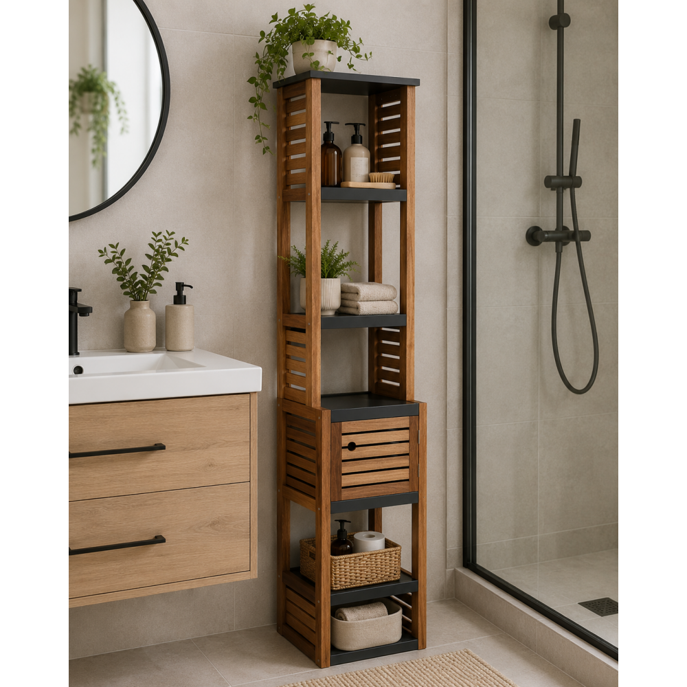 Έπιπλο MDF/Ακακία με 1 Ντουλαπάκι και 5 Ράφια Αποθήκευσης Γκρι/Καφέ 38.5x30x170cm MRShome