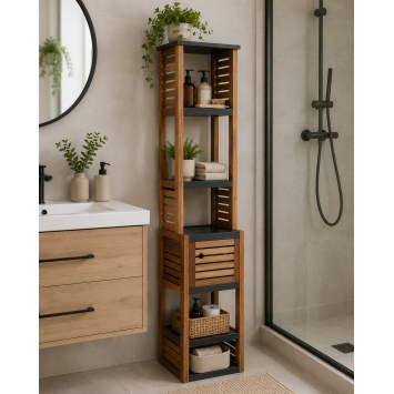 Έπιπλο MDF/Ακακία με 1 Ντουλαπάκι και 5 Ράφια Αποθήκευσης Γκρι/Καφέ 38.5x30x170cm MRShome