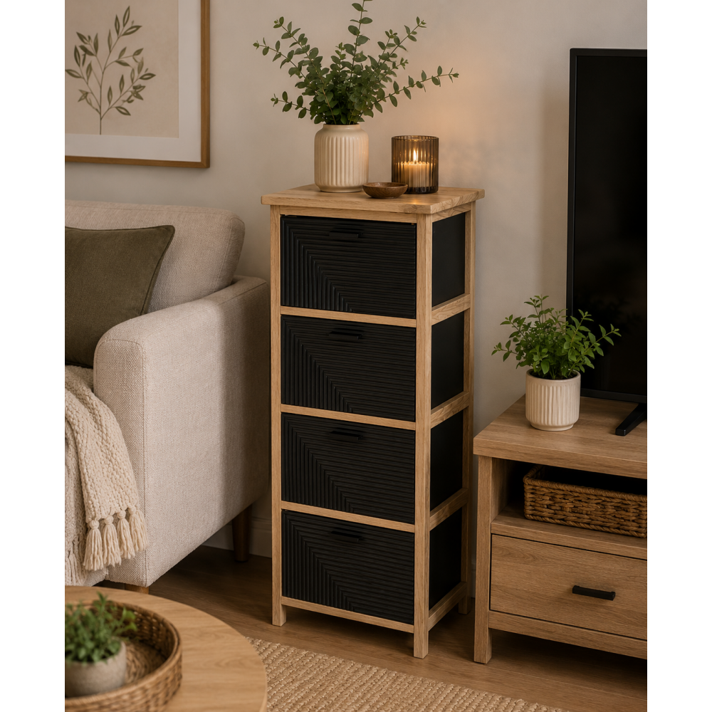 Συρταριέρα MDF με 4 Συρτάρια 37.5x27.5x86cm Φυσική/Μαύρη με Σχέδιο MRShome