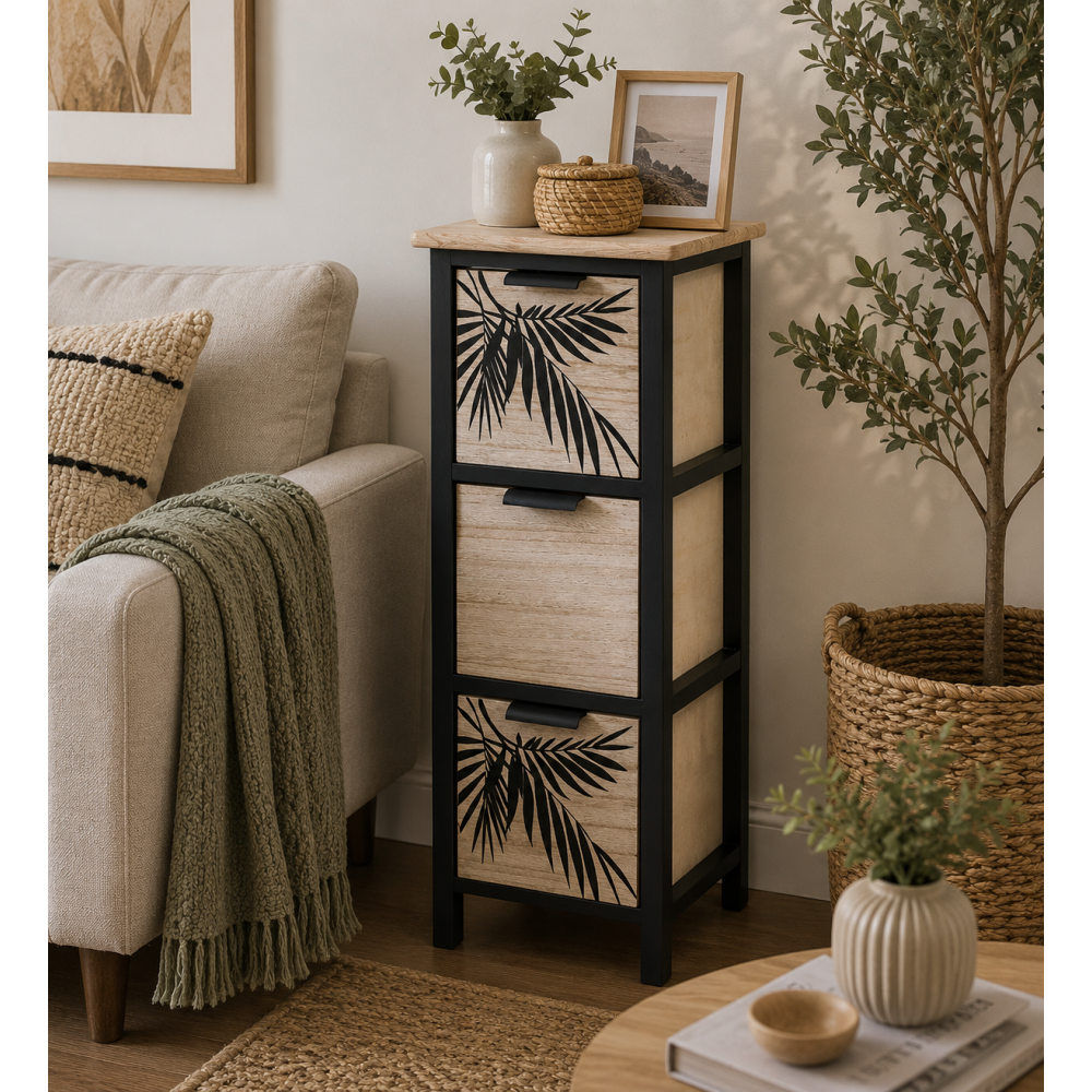 Συρταριέρα MDF με 3 Συρτάρια 25x25x77cm Μπεζ/Μαύρη με Σχέδιο MRShome