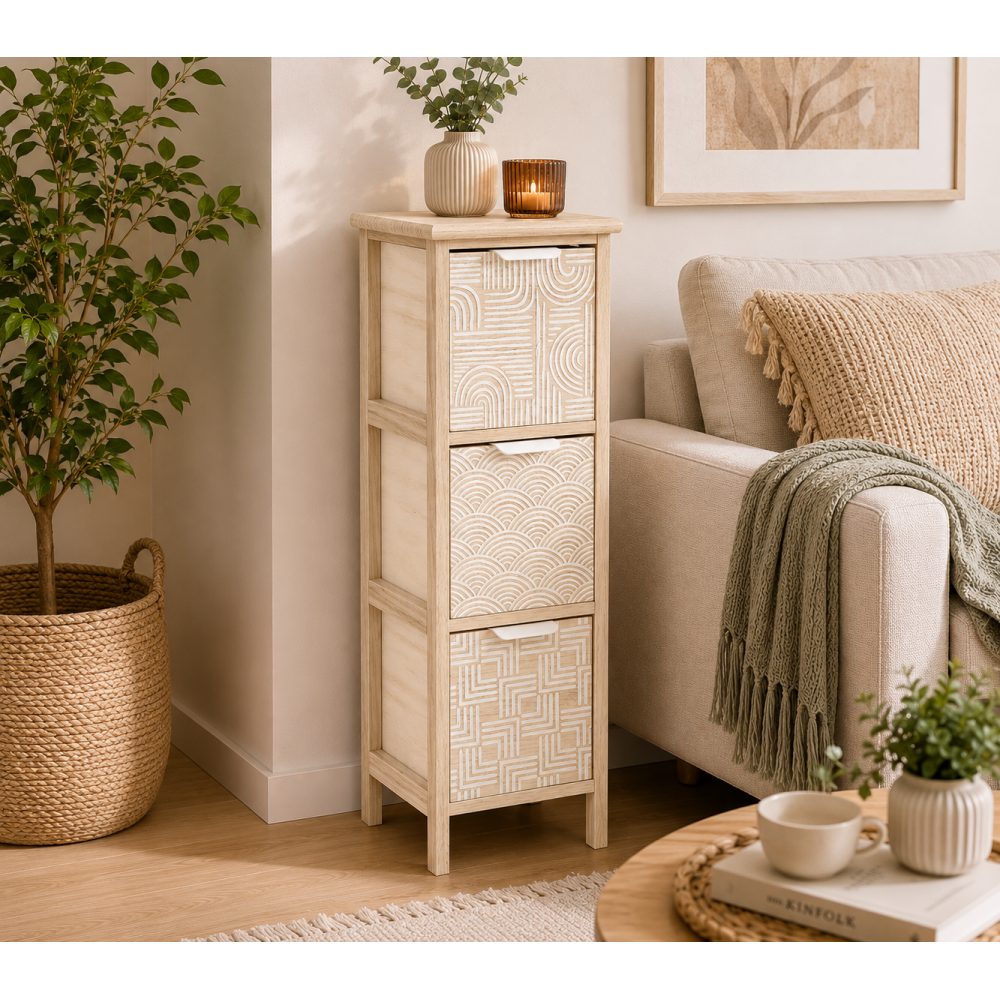 Συρταριέρα MDF με 3 Συρτάρια 25x25x77cm Μπεζ με Σχέδια MRShome